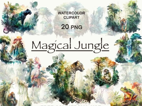 Enchant Your Designs: Jungle Clipart with Waterfall and Animal