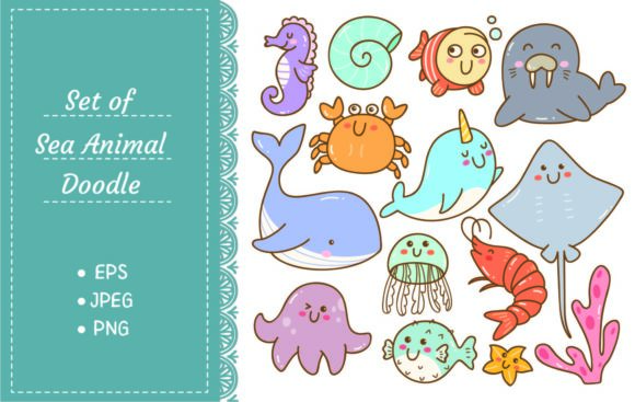 Set of Sea Animal Kawaii Doodles: Your Playful Design Asset